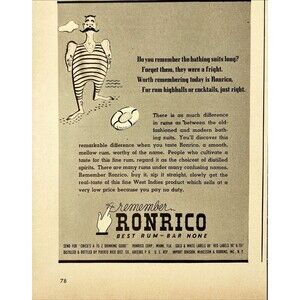 Ronrico Rum "Best Rum-Bar None" Vintage Print Ad 1940